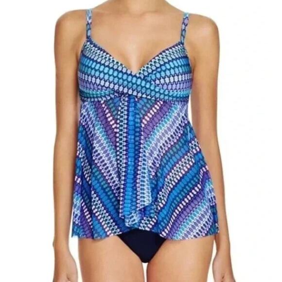 Profile by Gottex Blue Lagoon Flyaway Tankini Top Swimsuit Women size 12 - Picture 1 of 10